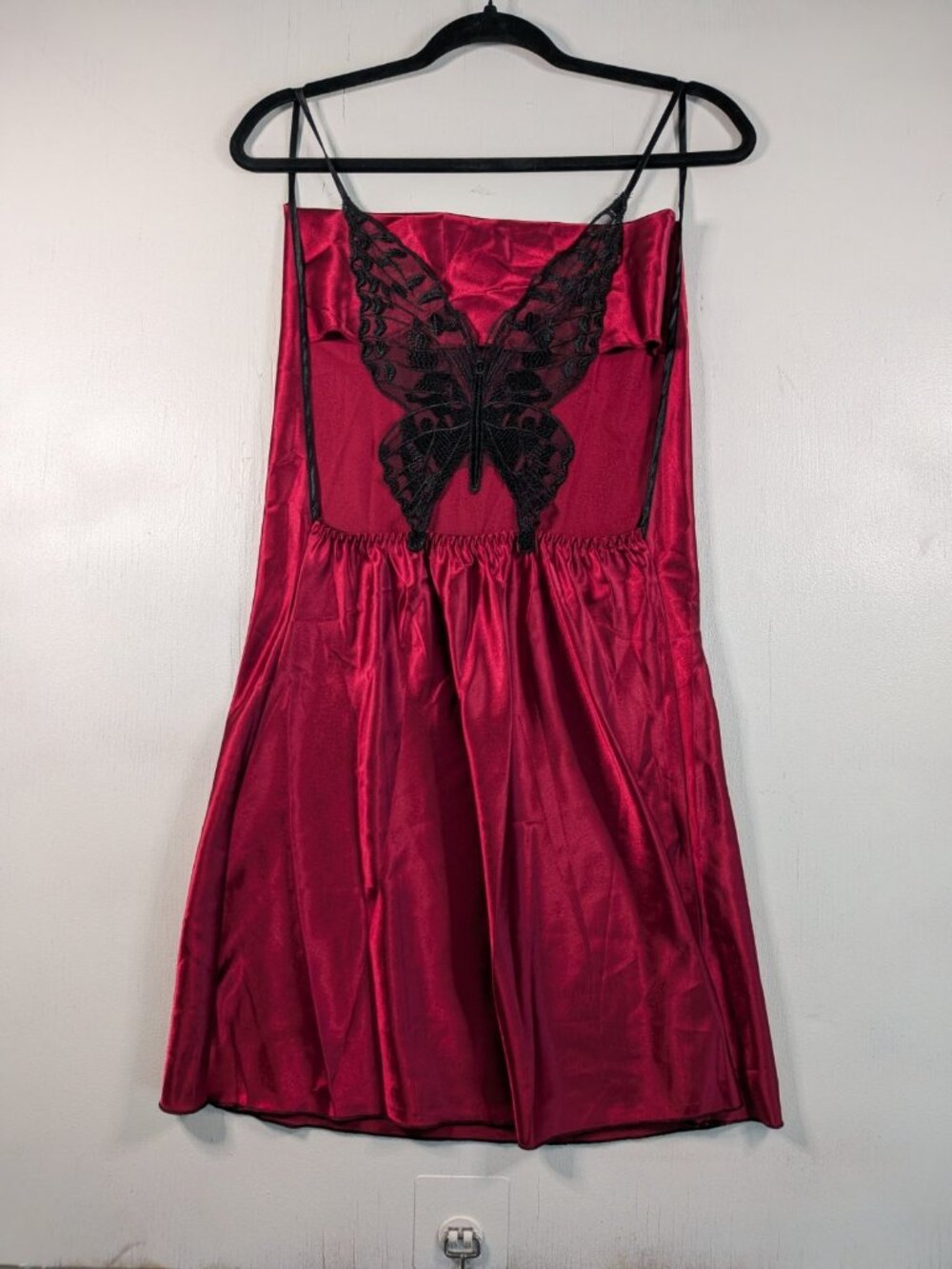 Red Satin Babydoll Slip Dress Black Lace Butterfly Back Sz M Lingerie Gothic